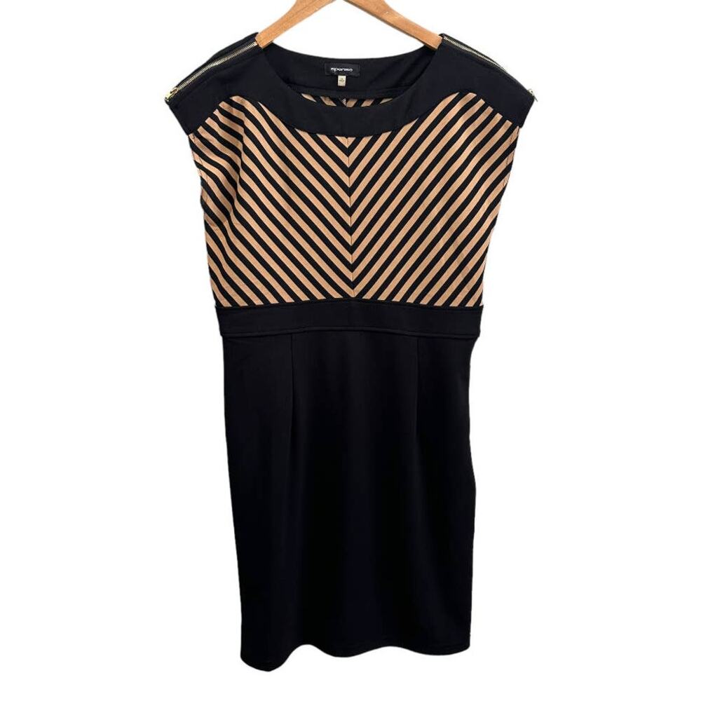 Spense Black Brown Chevron Boat Neck Sheath Work Career Dress 10 M Medium